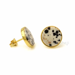 Dalmatian Jasper Round Gemstone Earring, 925 Sterling Silver Gold Plated Studs, Handmade Jewelry, Gift For Her, Everyday Wear Earring