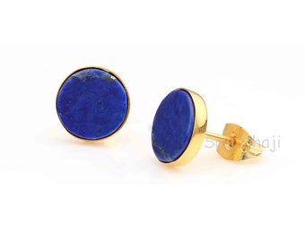 Lapis Lazuli Stud Earrings, 925 Sterling Silver Gold Plated Earrings, Round Flat Gemstone Stud Earrings, Engagement Gifted Stud Earrings
