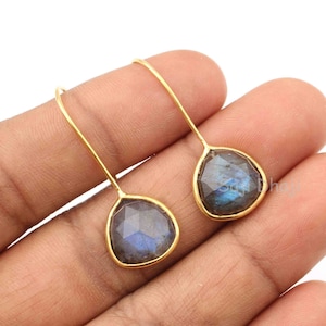 Blue Fire Labradorite Trillion Faceted Gemstone Dangle Earrings, 10mm 925 Sterling Silver Gold Plated Earring For Christmas Special Gifted