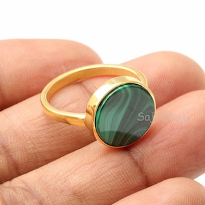 Natural Malachite Gemstone Ring, 925 Sterling Silver Gold Plated Ring, 12mm Round Flat Handmade Stone Jewelry Ring Engagement Gifted