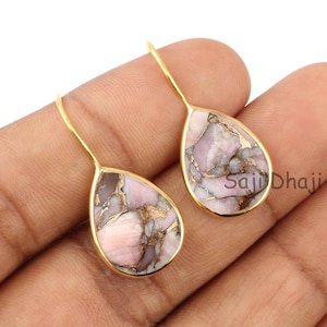 Mohave Oyster, Pink Opal Copper Earrings, Pear Shape Earring, 925 Sterling Silver, Gold Plated Bezel, Dangle Earring, Gifts For Her