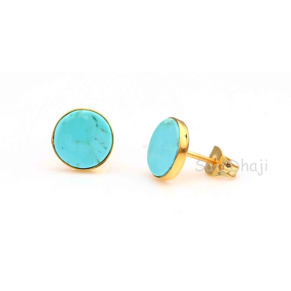 Arizona Turquoise Gemstone Stud Earrings, 925 Sterling Silver Gold Plated Earring, Smooth Flat Round Calibrated Earrings, For Gifted