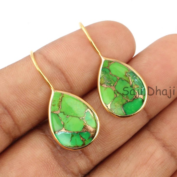 Spiny Mohave, Green Copper Turquoise Earrings, Pear Shape Earring, 925 Sterling Silver, Gold Plated Bezel, Dangle Earring, Gifts For Her