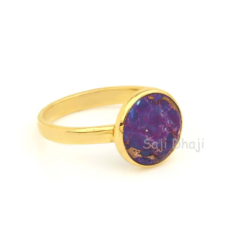 Gold Plated Ring Purple Copper Turquoise Round Silver Ring 10mm Round Purple Turquoise Gemstone Ring Valentine Ring Gift For Her,
