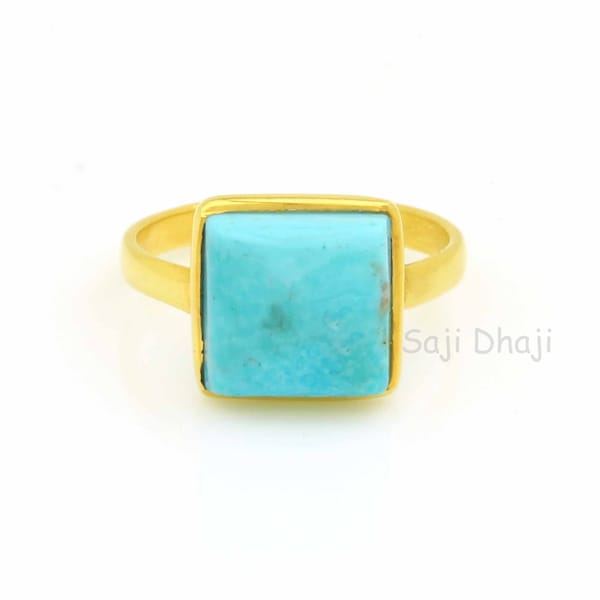 Gold Ring, Arizona Turquoise Ring, Sterling Silver Ring, Turquoise Gemstone Ring, Square Shape 12mm Turquoise ring, Engagement Ring For Her