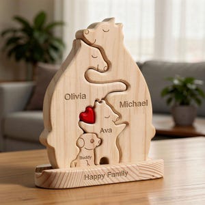 Rompecabezas de oso de madera con perro, recuerdo personalizado para perro, regalo familiar personalizado, adorno para amantes de los perros, nueva incorporación a la familia, nuevo cachorro, decoración para perros