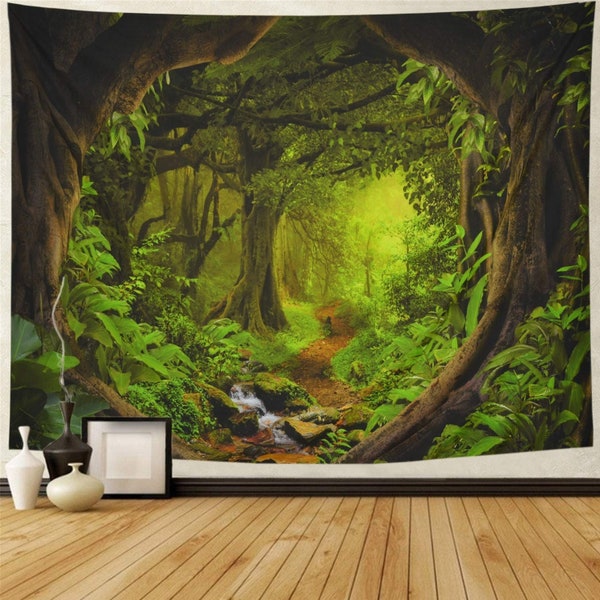 Green Jungle Tapestry - Green Forest Tapestry - Waterfall Nature Tapestry - Natural Wild Tapestry - Tapestries - Tapestry Wall Decoration