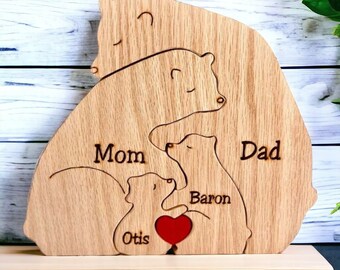 Personalised Family Decoration Puzzle - Mothers Day Gift - Custom Wooden Bear Family Puzzle - Personalized Cute Family Wooden Carved Puzzle