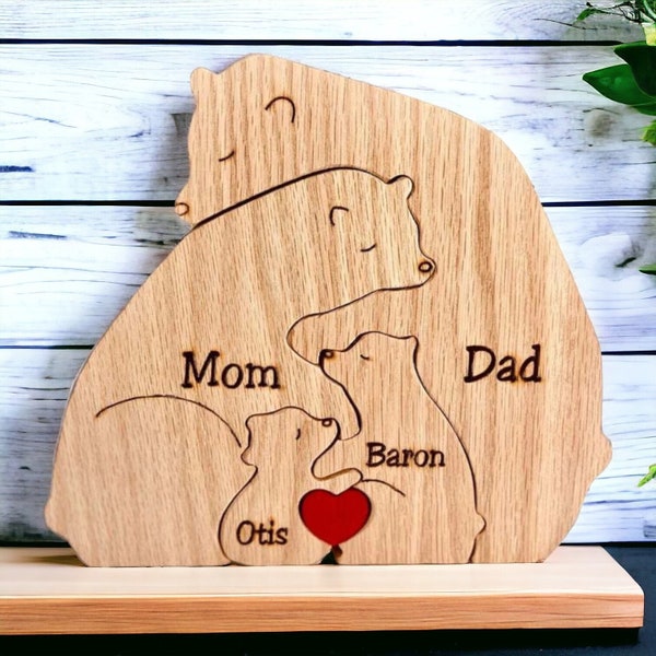 Personalisiertes Familiendekorationspuzzle - Muttertagsgeschenk - Benutzerdefiniertes hölzernes geschnitztes Puzzle der Bärenfamilie - Personalisiertes niedliches Familien-Holzpuzzle