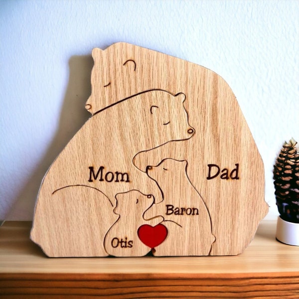 Gepersonaliseerde familiedecoratiepuzzel - Moederdagcadeau - Aangepaste houten beerfamiliepuzzel - Gepersonaliseerde schattige familie houten gesneden puzzel