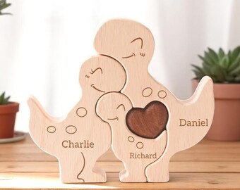 Puzzle En Bois Personnalisé Famille Dinosaures - Créateur De Souvenir - Bois Naturel - Idée Cadeau Anniversaire, Noël