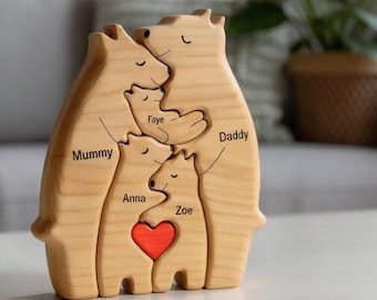 Rompecabezas de familia de osos, regalo para el Día de la Madre, recuerdo de madera personalizado, nombres grabados para familias de 2 a 8 miembros, baby shower para mamás primerizas, MyFamilyPuzzle