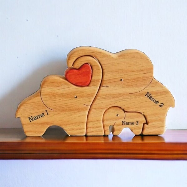 Decoración familiar personalizada - Regalo del Día de las Madres - Rompecabezas familiar de elefantes de madera personalizado - Rompecabezas tallado familiar lindo personalizado