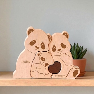Puzzle de famille panda, puzzle de famille en bois personnalisé, cadeau fête des mères, cadeau d'adoption, décoration panda personnalisée, souvenir en bois, cadeau de famille