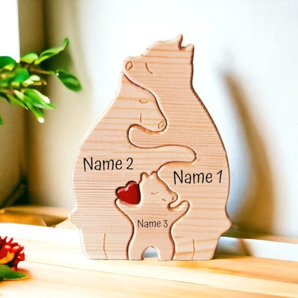 Personalised Family Decoration - Mothers Day Gift - Custom Wooden Bear Family Puzzle - Personalized Cute Family Carved Puzzle - Bear Family
