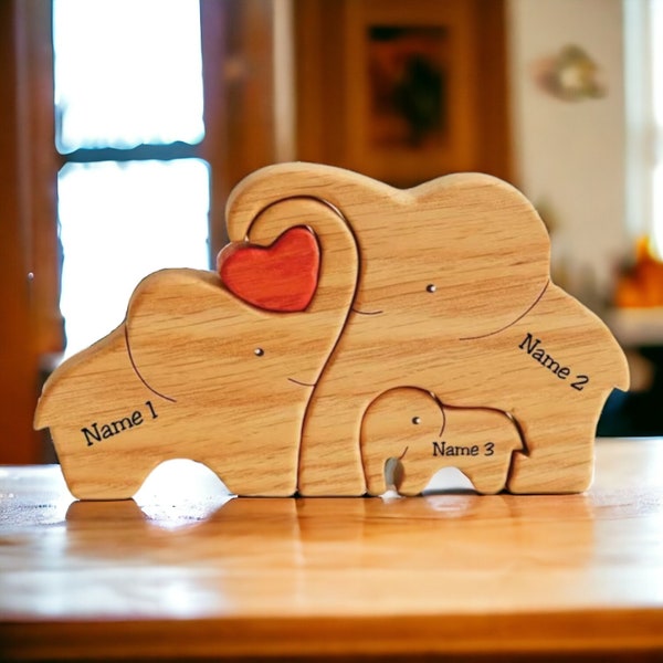 Personalised Family Decoration - Mothers Day Gift - Custom Wooden Elephant Family Puzzle - Personalized Cute Family Carved Puzzle