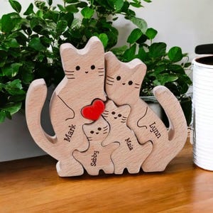 Personalised Wooden Cat Family Puzzle - Wooden Family Decor - Cat Lover Keepsakes - Cat Gift - Cat Family Puzzle Figurines - Family With Cat