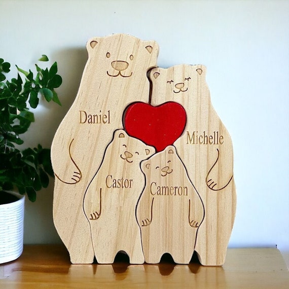 Personalised Wooden Bear Family Puzzle | Custom Engraved Figurines
