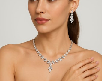 Elegant bridal jewelry set-crafted in silver with diamonds. Necklace & Earring, Bracelet optional. Timeless handmade wedding/bridesmaid gift
