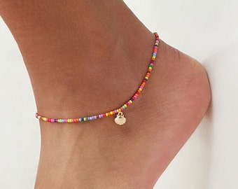 Bead Anklet, Waterproof Anklet ,Lavender Pink Turquoise Grey Seed Beads, Adjustable, Beachwear,Colorful accessory, Rainbow color,Glass beads