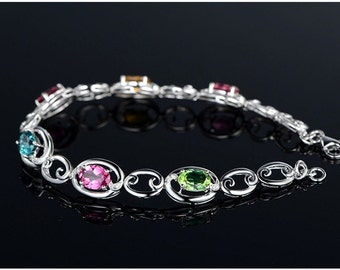 multicolor sapphire bracelet • white gold bracelet • rhodium plated jewelry • tennis bracelet  birthstone jewelry • sapphire in white gold