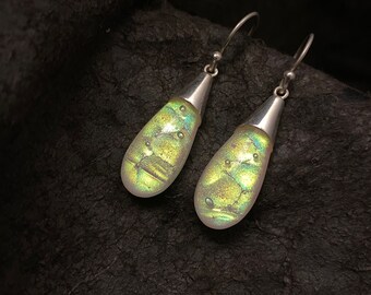 Amazing Fluoro Effects, Fused Dichroic Glass, Hand Polished Drop Earrings, 925 Silver, lightweight