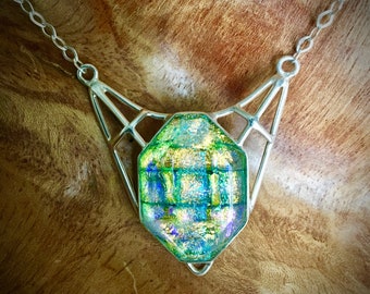 Fused Dichroic Glass Faceted Pendant in Solid 925 Silver with attached Silver chain/round closure