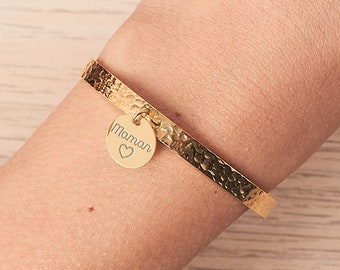 Personalized Women's Bracelet, Hammered Bangle and 12mm Medal, Engraved Women's Jewelry, Personalized Mother's Day Gift