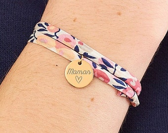 Bracelet Personnalisé en tissu Liberty avec médailles gravées de 12mm, Bracelet Femme, Cadeau Fête Des Mères Personnalisé