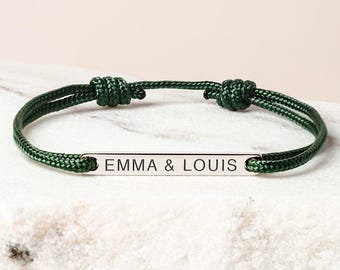 Personalized men's bracelet, adjustable cord and engraved stainless steel bar, name bracelet, gift for men