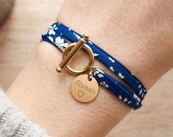 Bracelet liberty personnalisé avec médaille à graver et fermoir T, Bracelet Personnalisé Femme, Cadeau Personnalisé Maman Fête des Mères