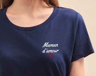 Love Mom besticktes T-Shirt für Frauen, Muttertagsgeschenk für Mama, besticktes Mama-T-Shirt aus Bio-Baumwolle