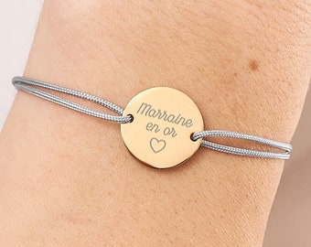 Bracelet Cordon Personnalisé pour Femme, Bracelet Médaille Gravée de 15mm, Cordon Noeuds Coulissants, Cadeau Fête Des Mères