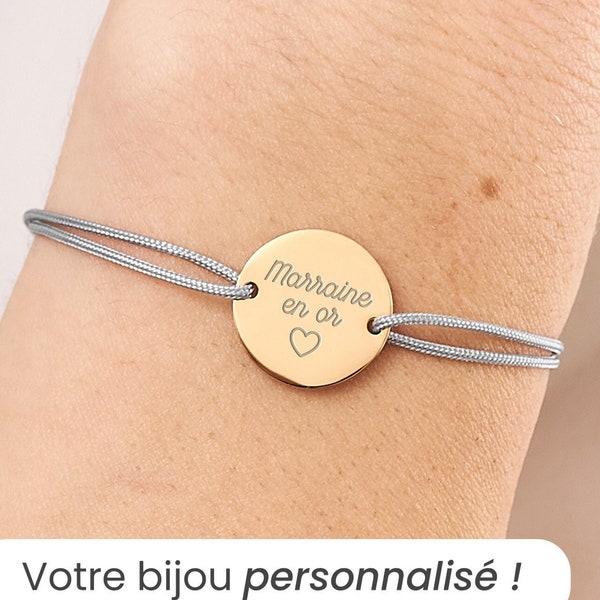 Bracelet Cordon Personnalisé pour Femme, Bracelet Médaille Gravée de 15mm, Cordon Noeuds Coulissants, Cadeau Fête Des Mères