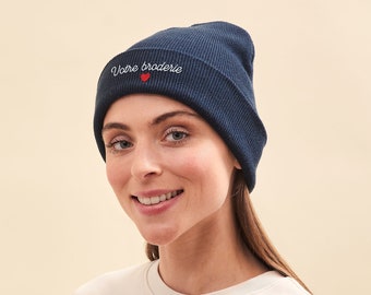 Bonnet Bleu Brodé Personnalisé Unisexe, Bonnet Personnalisable Broderie, Bonnet Bleu Marine Prénom, Cadeau Fête Des Mères, Fête Des Pères