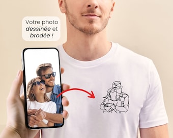 Personalisiertes besticktes Foto-Herren-T-Shirt, individuell bestickte Linienzeichnung, personalisiertes Herren-T-Shirt, personalisiertes Vatertagsgeschenk