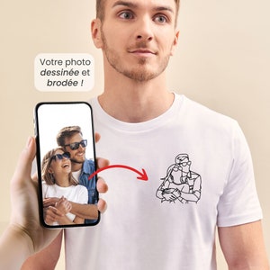 Personalisiertes besticktes Foto-Herren-T-Shirt, individuell bestickte Linienzeichnung, personalisiertes Herren-T-Shirt, personalisiertes Vatertagsgeschenk Bild 1