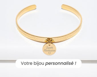 Bracelet Jonc Martelé Personnalisé avec Médaille de 12mm pour Femme, Bracelet Femme Personnalisé, Bracelet Prénom, Cadeau Fête Des Mères