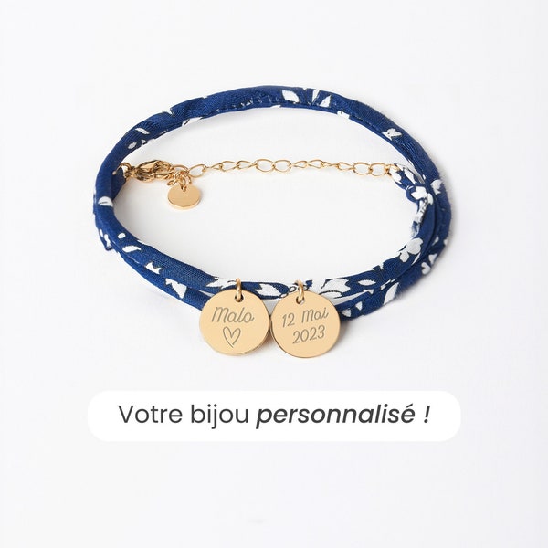 Bracelet Liberty Personnalisé Bleu Marine, Bracelet Personnalisé Femme, Bracelet Gravé, Cadeau Fête Des Mères Personnalisé