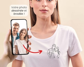 T-Shirt Femme Photo Brodée Personnalisé, Dessin Trait Personnalisé Brodé, T-Shirt Femme, T-Shirt Dessin Mamie, Cadeau Fête Des Mères