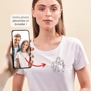 T-Shirt Femme Photo Brodée Personnalisé, Dessin Trait Personnalisé Brodé, T-Shirt Femme, T-Shirt Dessin Mamie, Cadeau Fête Des Mères