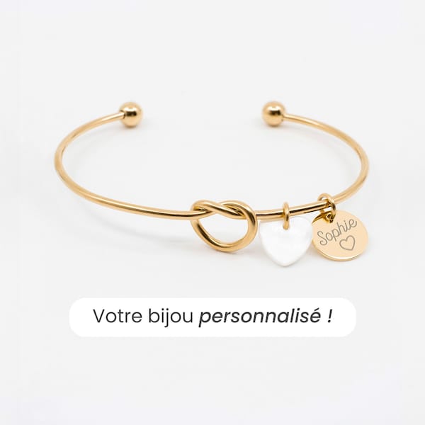 Bracciale rigido con cuore in madreperla personalizzato, braccialetto personalizzato, braccialetto con nome da donna, braccialetto inciso, regalo personalizzato per la festa della mamma