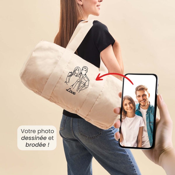 Sac Polochon Brodé avec Photo Personnalisé, Photo Brodé Dessiné, Portrait Trait Dessin,  Cadeau Fête Des Mères, Cadeau Fête Des Pères