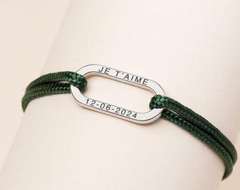 Personalized men's bracelet, adjustable cord and engraved stainless steel link, name bracelet, gift for men