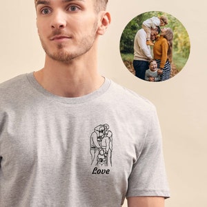 Gepersonaliseerde geborduurde foto heren T-shirt, op maat geborduurde lijntekening, gepersonaliseerde heren T-shirt, gepersonaliseerd vaderdagcadeau Gris chiné / Grey