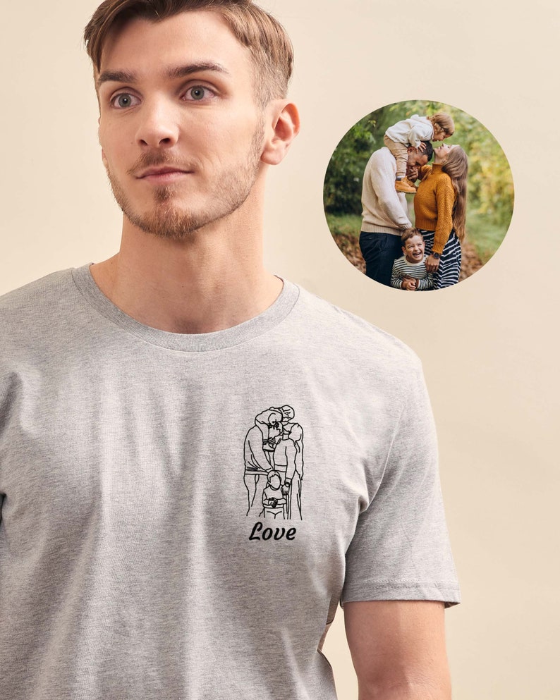 Personalisiertes besticktes Foto-Herren-T-Shirt, individuell bestickte Linienzeichnung, personalisiertes Herren-T-Shirt, personalisiertes Vatertagsgeschenk Gris chiné / Grey