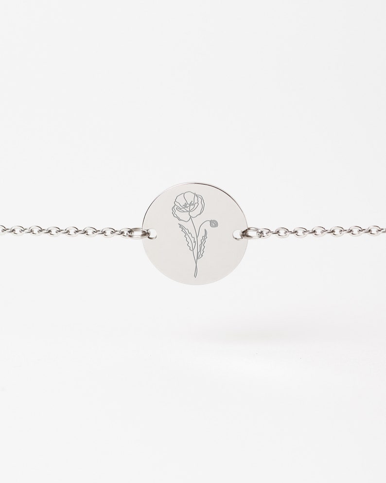 Month of Birth Flower Bracelet, Women Personalized Bracelet, Custom Birth Gift for Women, Engraved Bracelet, Mother's Day Gift Silver