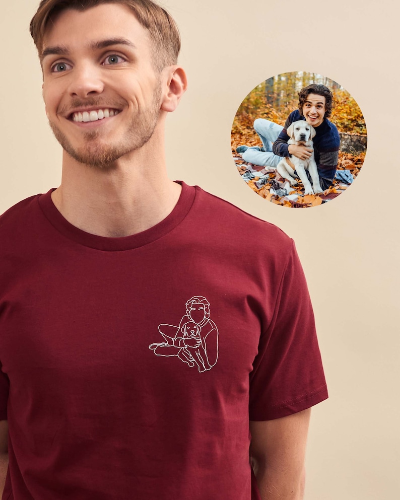 Gepersonaliseerde geborduurde foto heren T-shirt, op maat geborduurde lijntekening, gepersonaliseerde heren T-shirt, gepersonaliseerd vaderdagcadeau Bordeaux / Burgundy