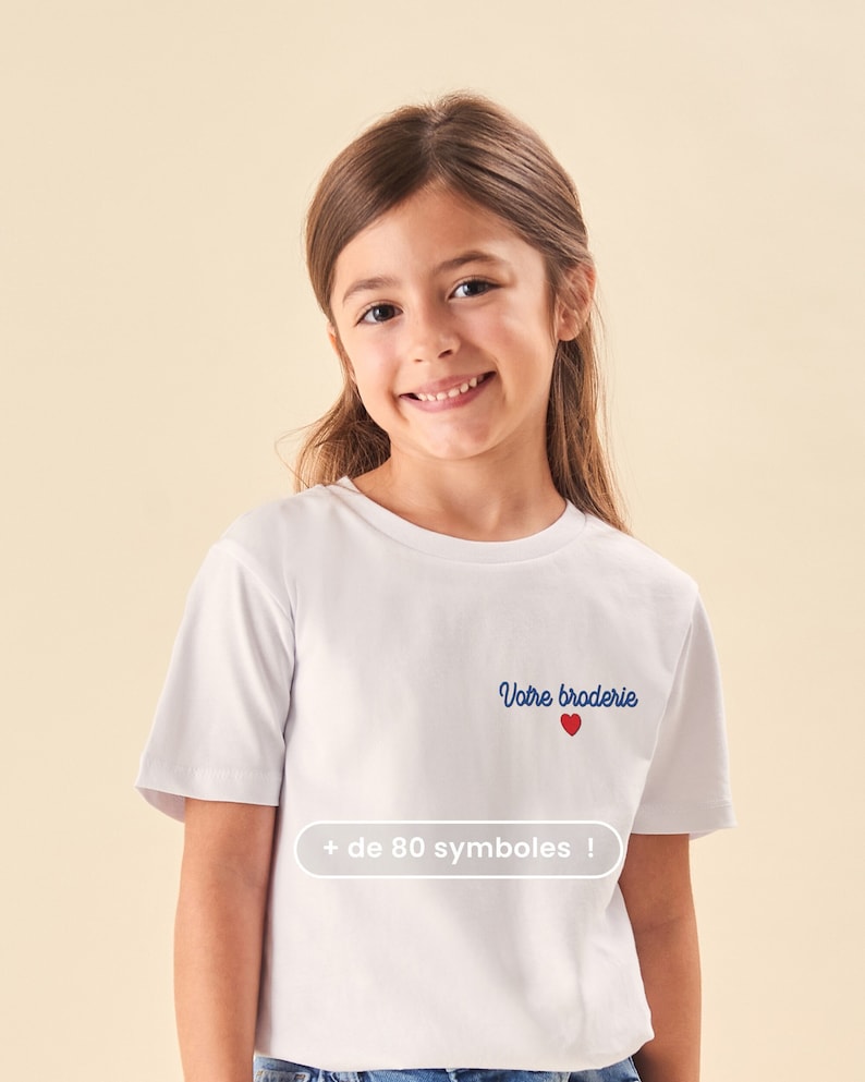 Tshirt Brodé Enfant Blanc, T-shirt Personnalisé Enfant Unisexe, T-Shirt Personnalisé Garçon, Fille, Cadeau Personnalisé Enfant image 1
