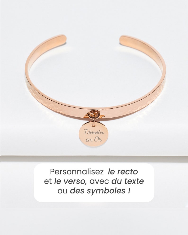 Personalized Women's Bracelet, Hammered Bangle and 12mm Medal, Engraved Women's Jewelry, Personalized Mother's Day Gift Rose gold